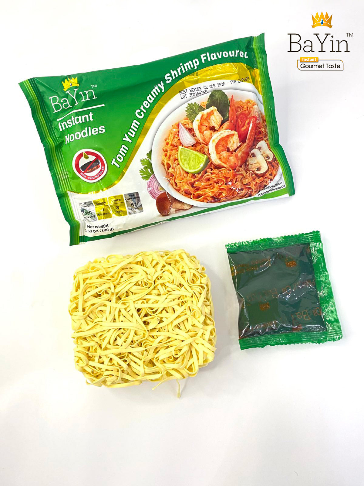 BaYin - Tom Yum Creamy Shrimp Flavored Instant Noodle (100g) ဘုရင်တံဆိပ် ပုဇွန်မလိုင်ချဉ်စပ် အရသာ ခေါက်ဆွဲသုပ်
